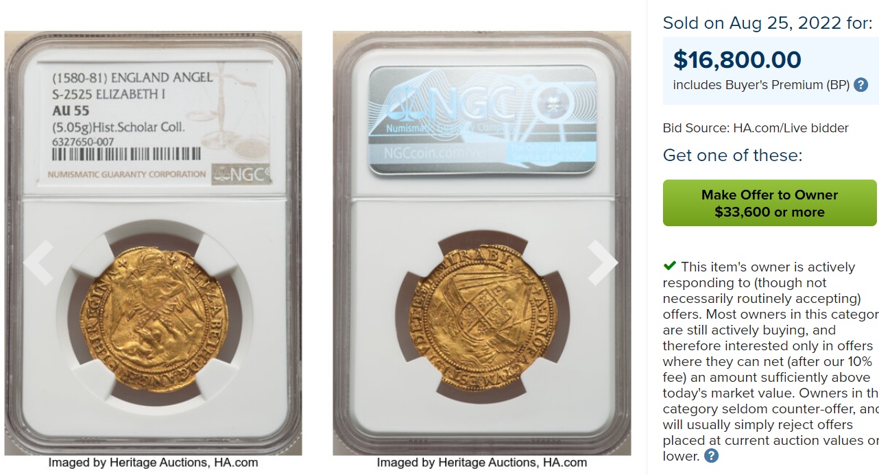 1580年エリザベス1世ゴールドエンジェル金貨【AU55】 | アンティーク
