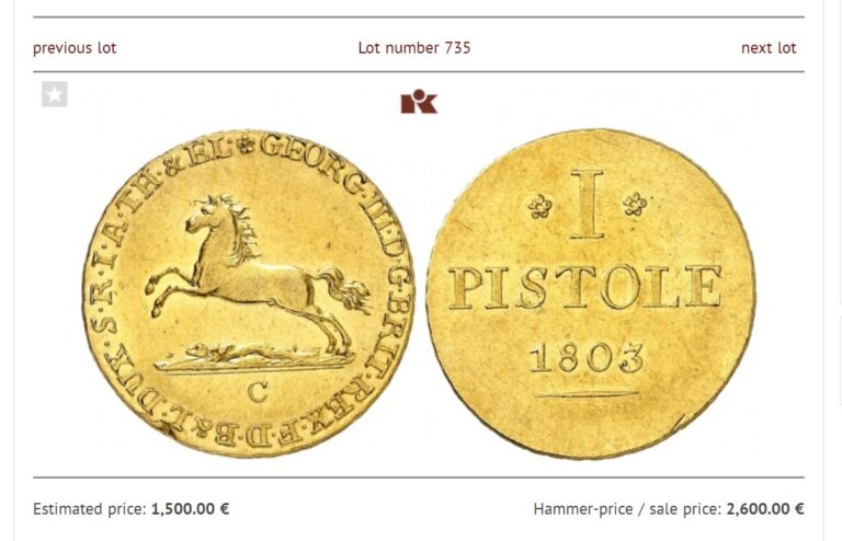 【単独最高鑑定】1803年ドイツリューネブルク ゲオルグ3世1ピストル金貨【MS63】 アンティークコインプラネット