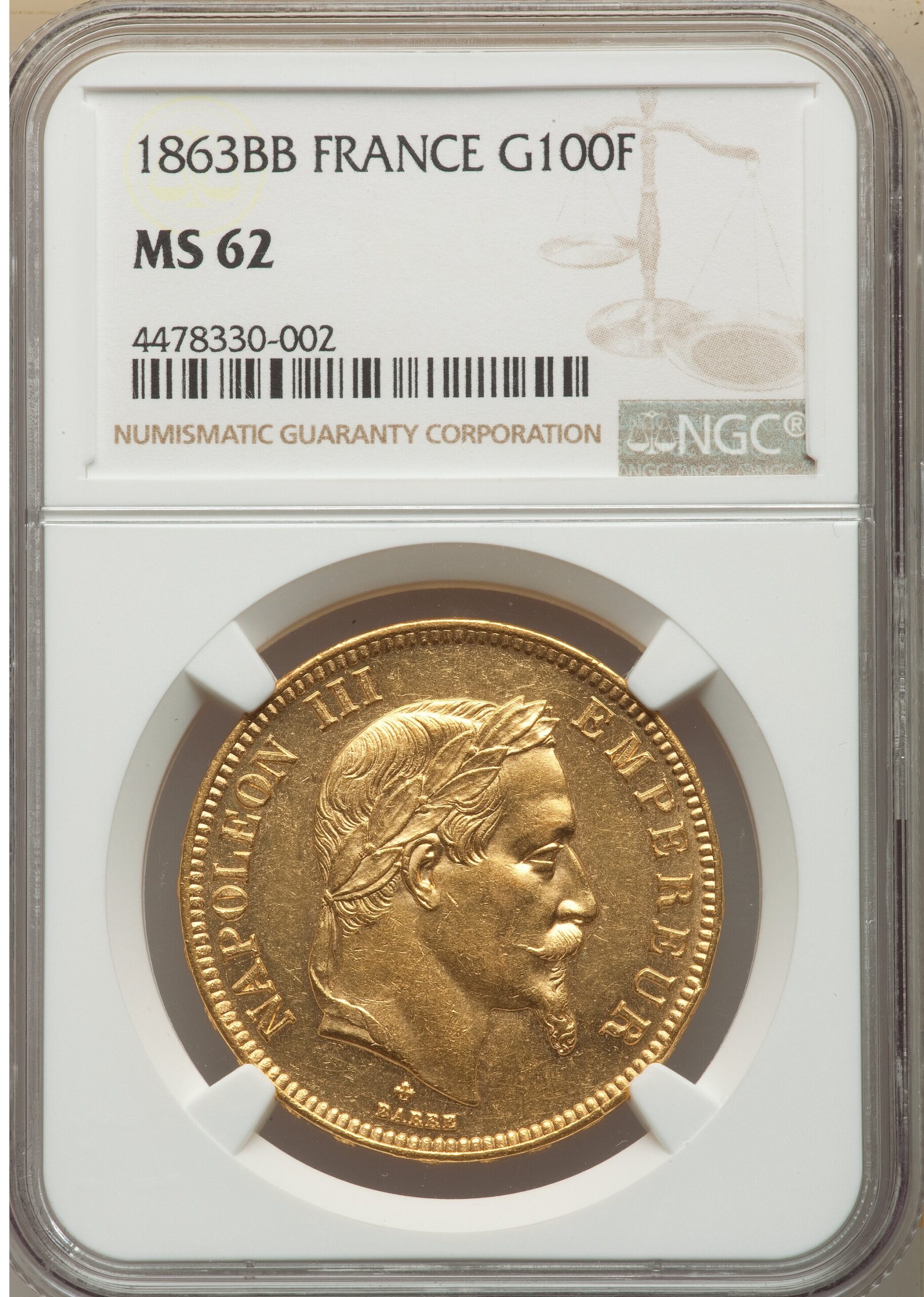 1863年BBナポレオン3世100フラン金貨【MS62】 | アンティークコイン 