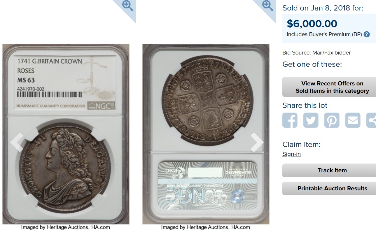 1736年イングランドジョージ2世クラウン銀貨【MS63】 | アンティーク